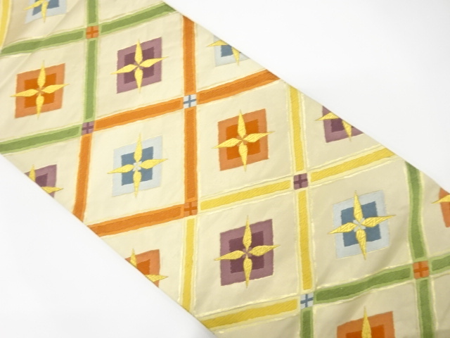 JAPANESE KIMONO / ANTIQUE FUKURO OBI / SILK / WOVEN GRID & FLORAL RHOMBUS